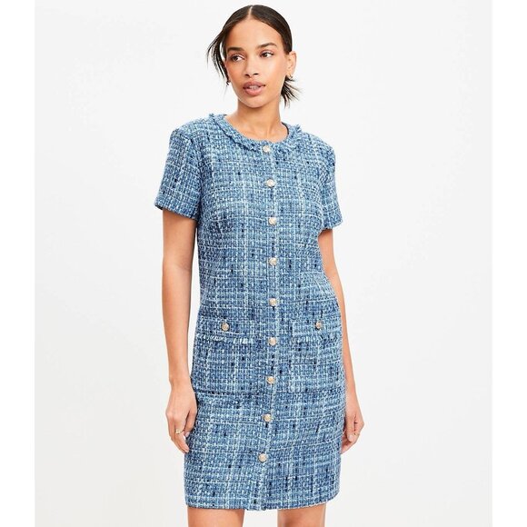 LOFT Womens Tweed Mini Pocket Dress 12 Blue Gold Buttons Fringe Old Money 60s - Picture 1 of 16